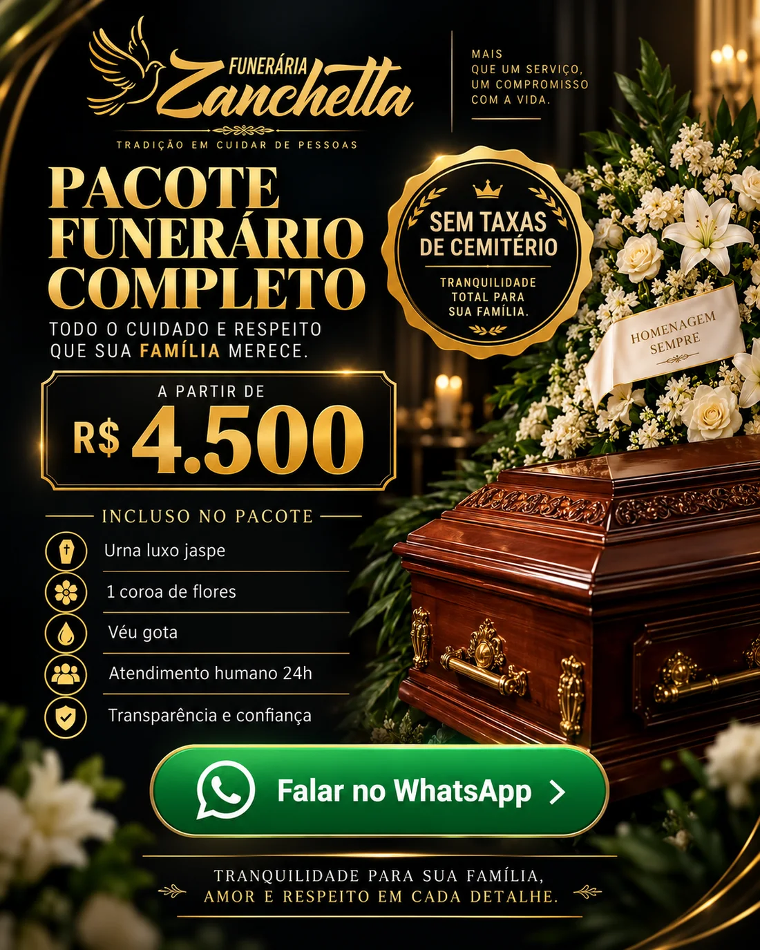Pacote funerário completo da Funerária Zanchetta a partir de R$ 4.500