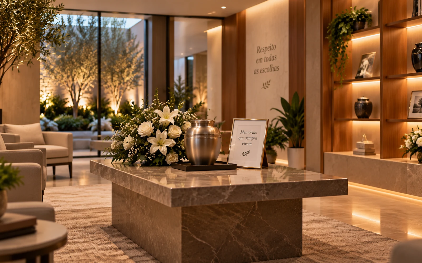 Ambiente memorial com urnas em exposição discreta