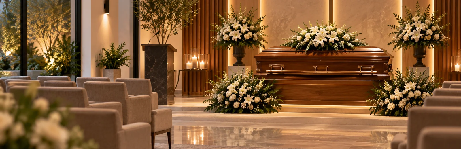 Ambiente de cerimônia funerária organizado e respeitoso